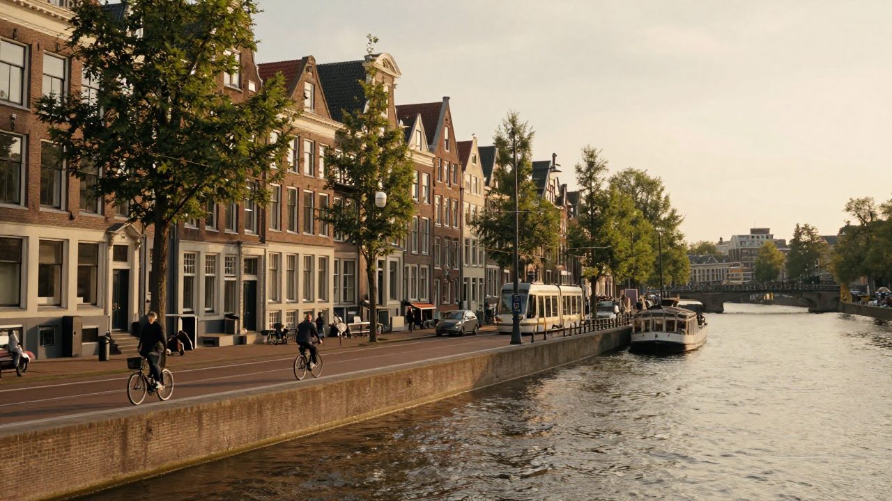 Amstel embankment near Amstel station in evening light.