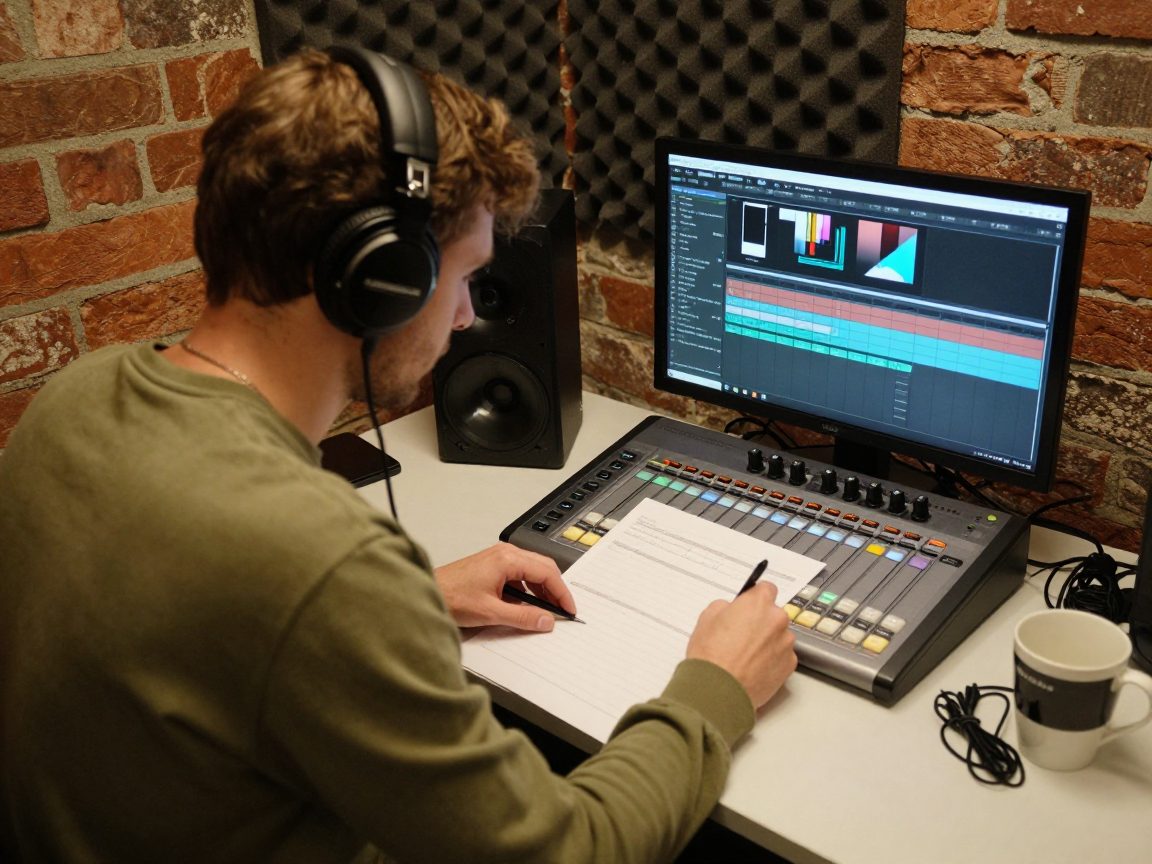 Podcast editor werkt met koptelefoon aan montage.