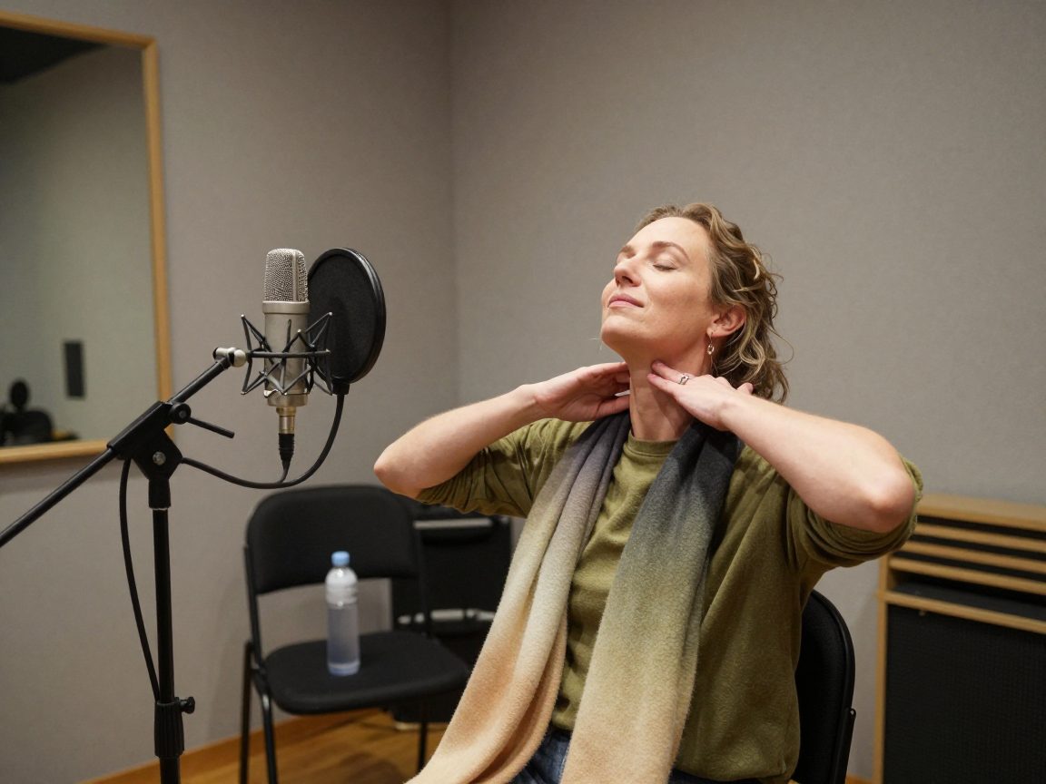 Singer does relaxation exercises in studio corner.