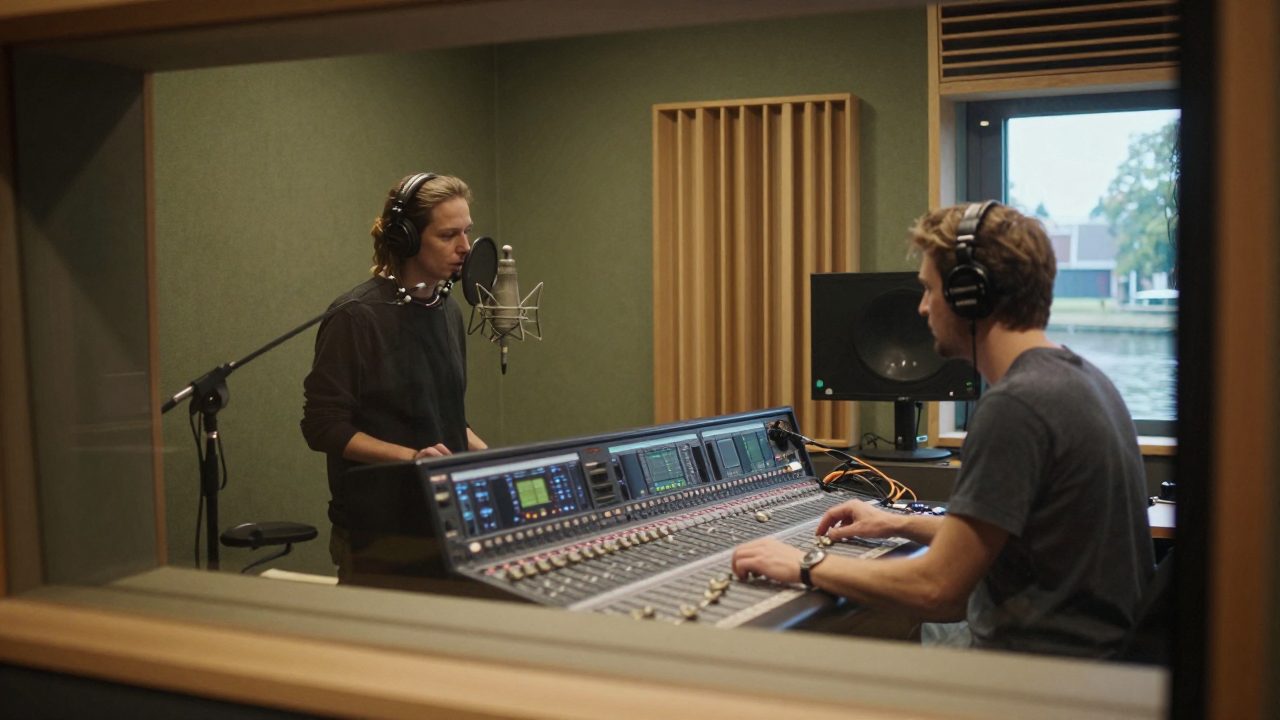 Singer in booth and engineer at mixing desk in studio.