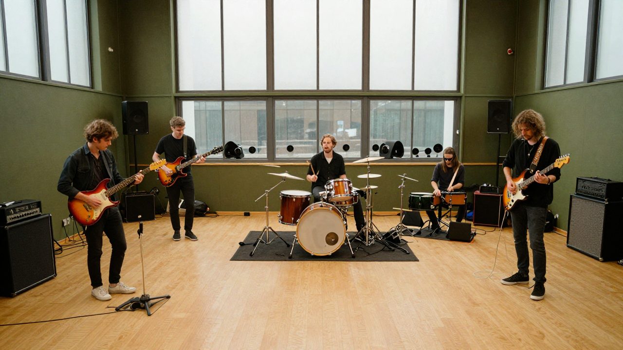 Band plays live setup in spacious recording room.