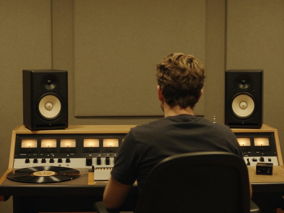 Mastering engineer listens between large speakers in room.