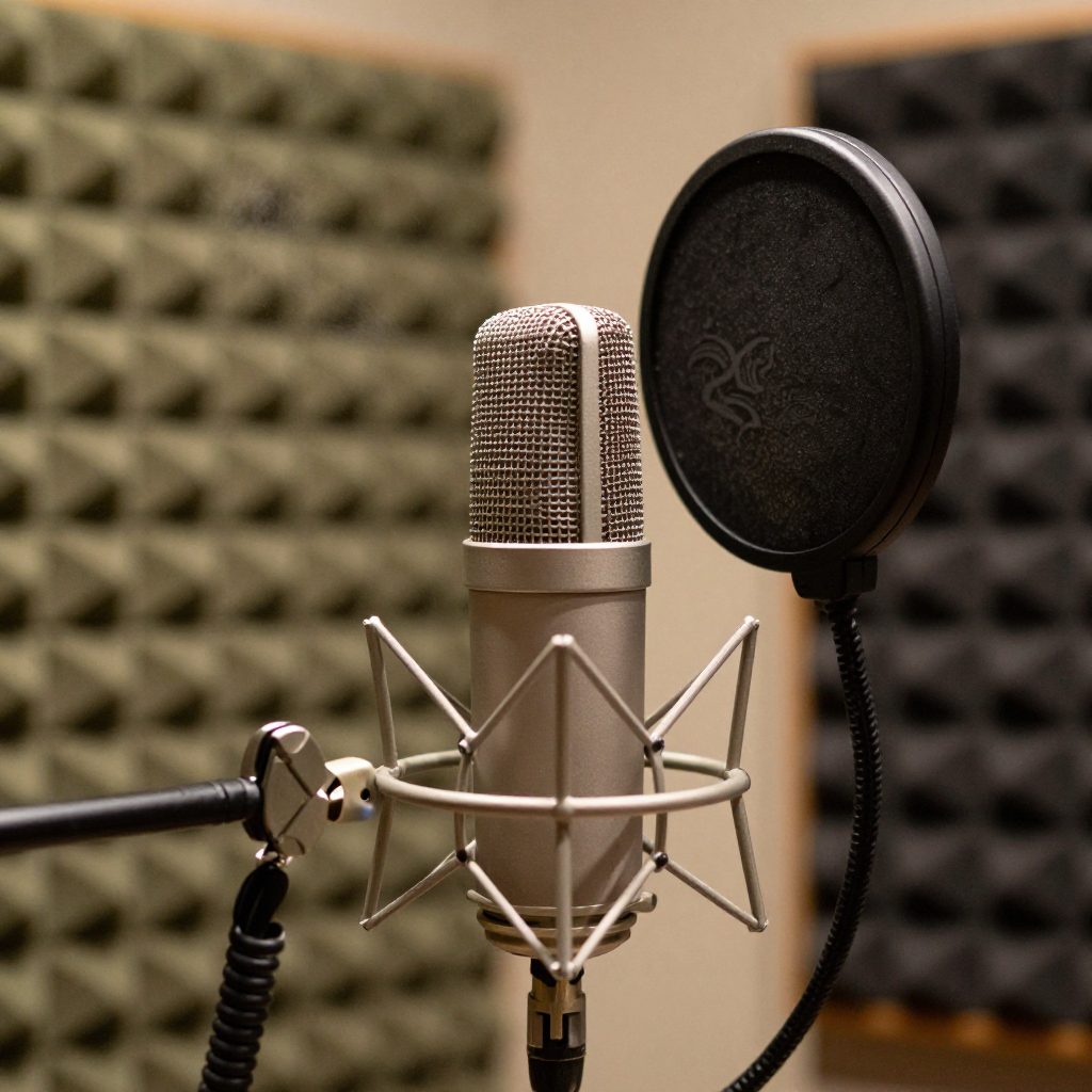 Close-up of microphone and pop filter in vocal booth.