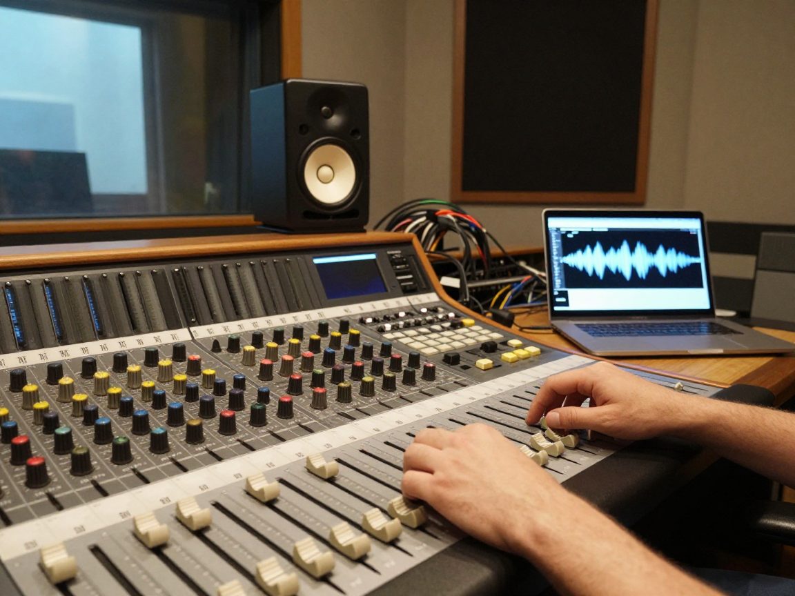 Engineer mixes at hybrid console with studio monitors.