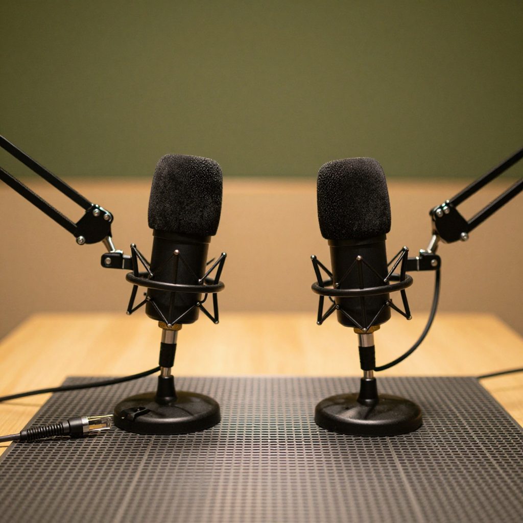 Twee podcastmicrofoons op boom arms boven tafel.