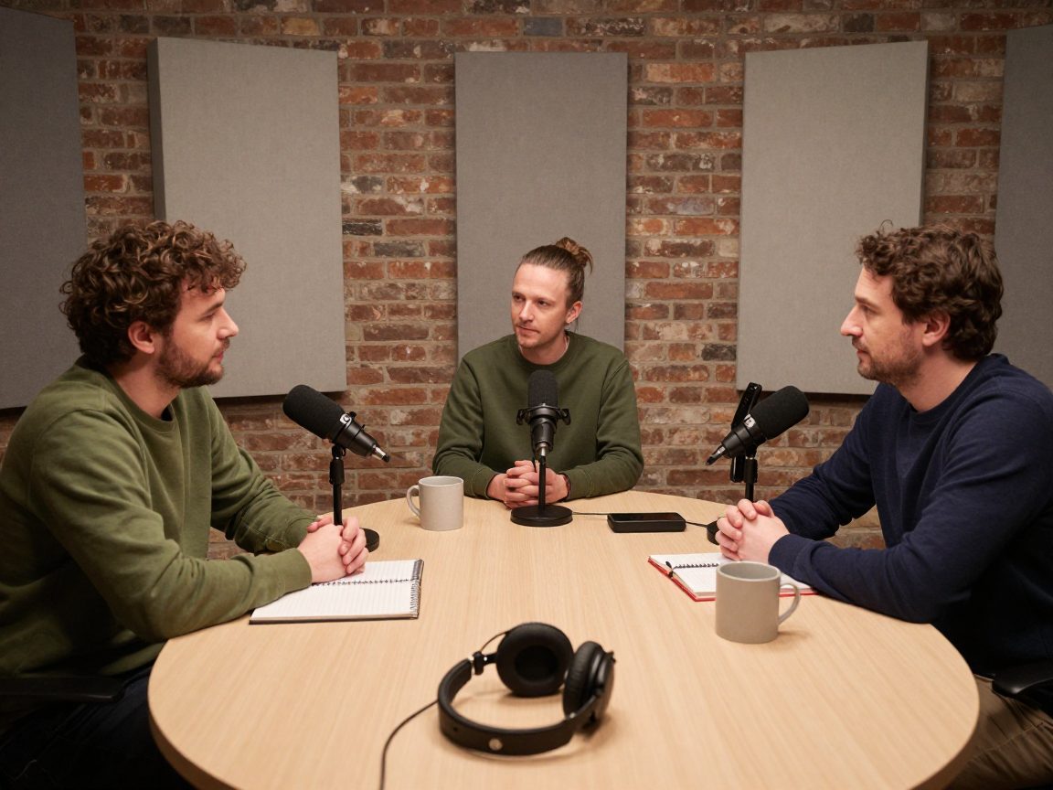 Three podcast hosts talk at round table with microphones.