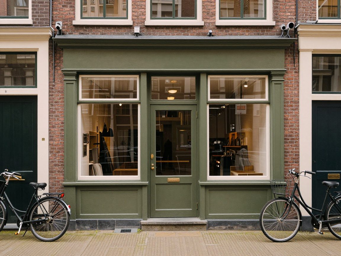 Straatgevel met studio-ingang en fietsen in Amsterdam-Oost.