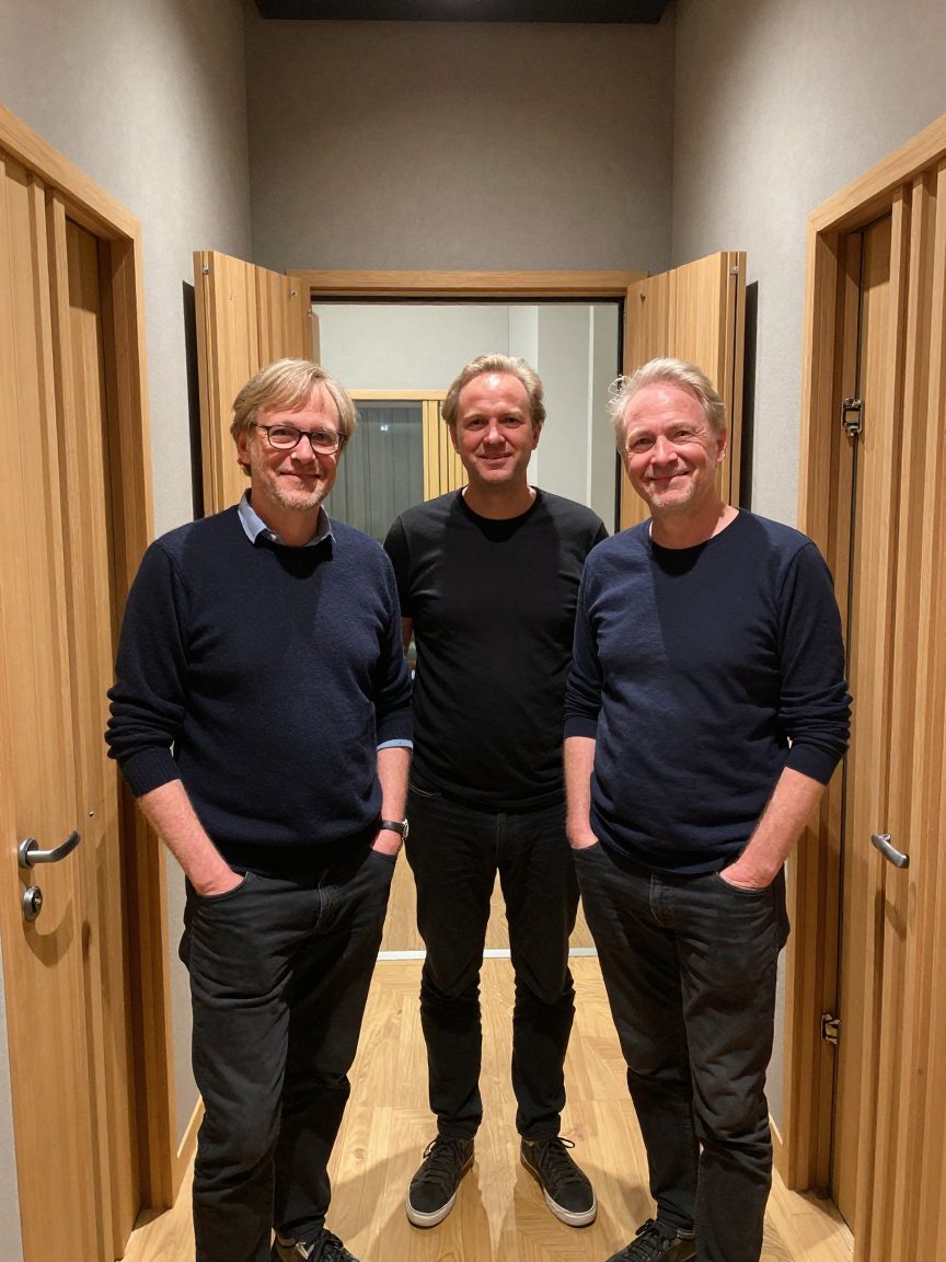 Drie teamleden staan in de gang van de opnamestudio.