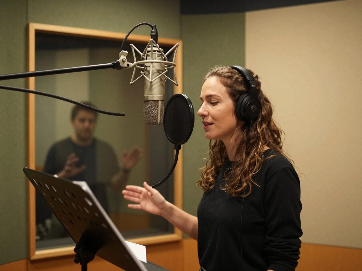Vocalist sings in isolation booth with engineer behind glass.